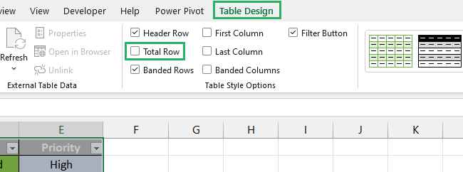 Table design tab on the ribbon