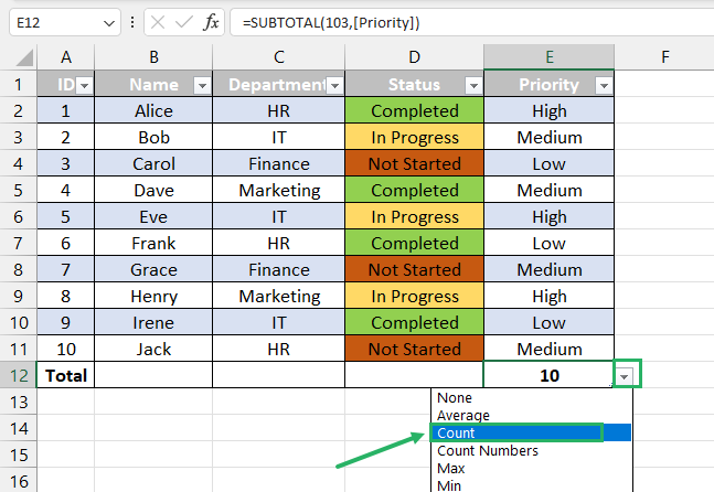 Selecting count from the dropdown list