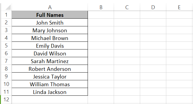 List of names in Excel