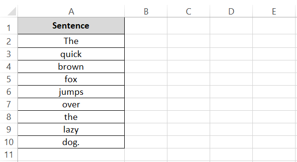 Dataset of split words in worksheet