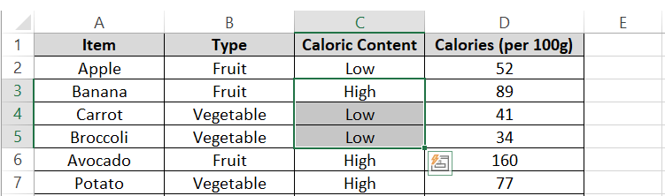 Cells selected from rows