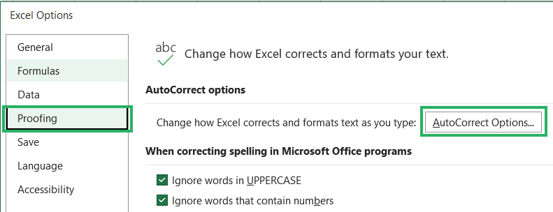 Excel options