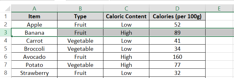 Selection of Row 3