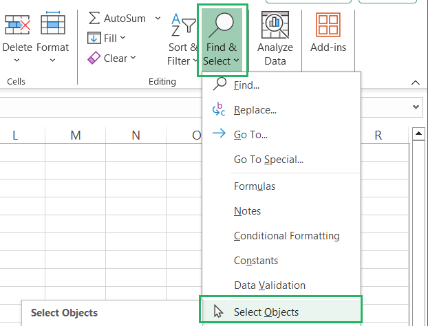 Select objects button in Excel worksheet