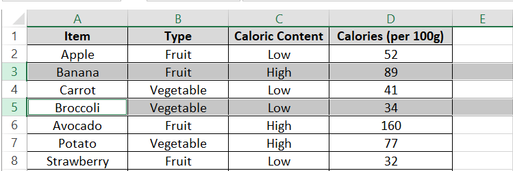 Selection of Row 5