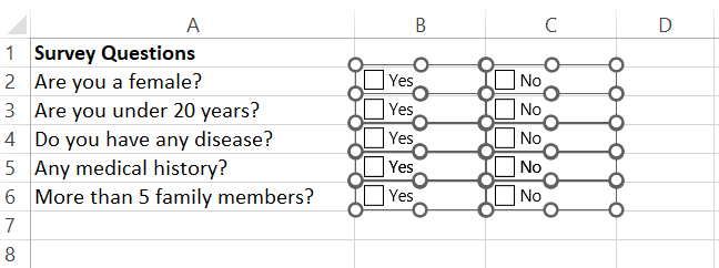 Box drawn around Excel checkboxes