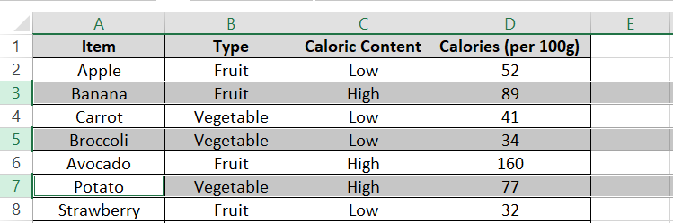 Selection of Row 7