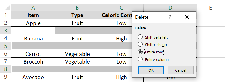 Delete dialog box in Excel spreadsheet