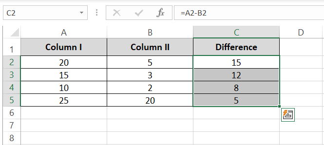 Dragging fill handle for Excel subtraction