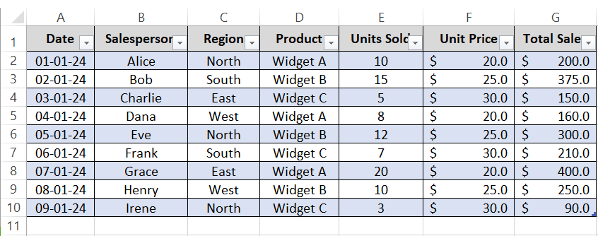 table in Excel worksheet