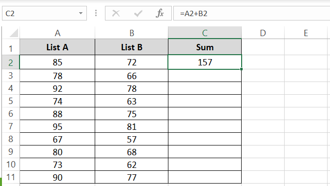 my formula to add up cells