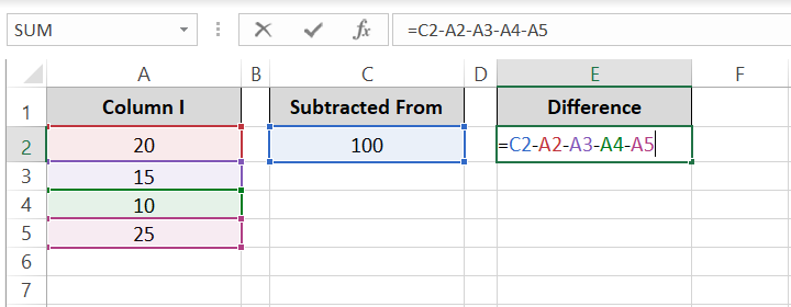 Array formula of subtracting multiple numbers