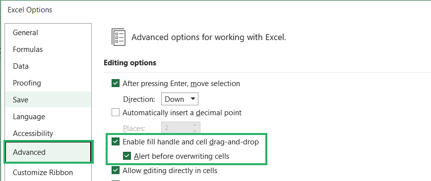 Check Excel autofill / fill handle option