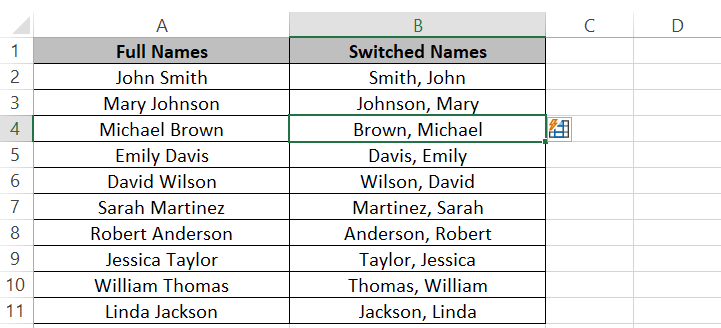 Flash fill completes the list in worksheet