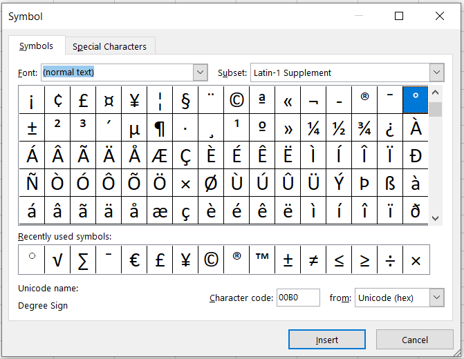 Symbols dialog box