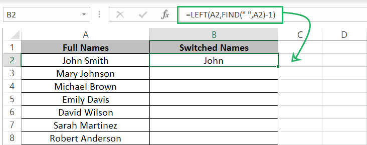 LEFT function to extract the first name