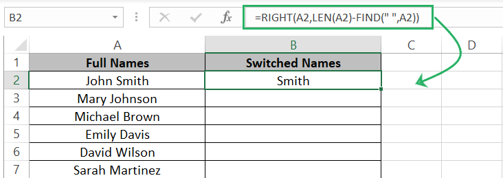 RIGHT function extracts the last name