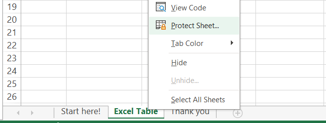 Sheet context menu drop-down