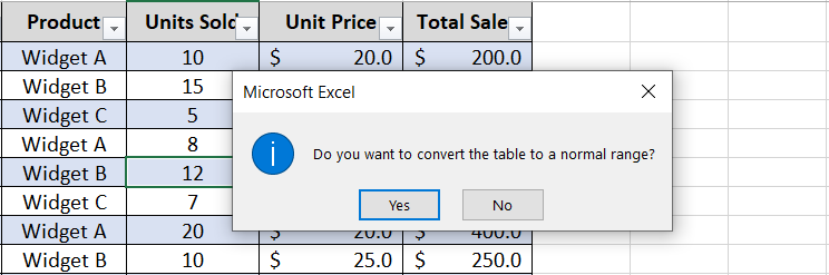 Yes to convert table to range