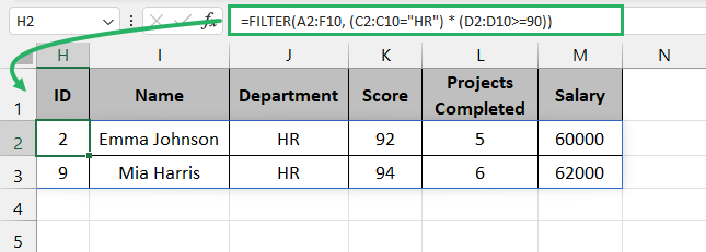 Formula displays rows meeting criteria