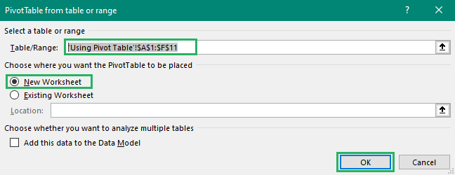 Select range for pivot table and location