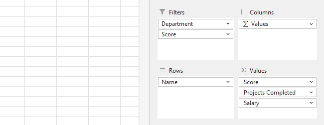 Select columns to drag and drop to areas