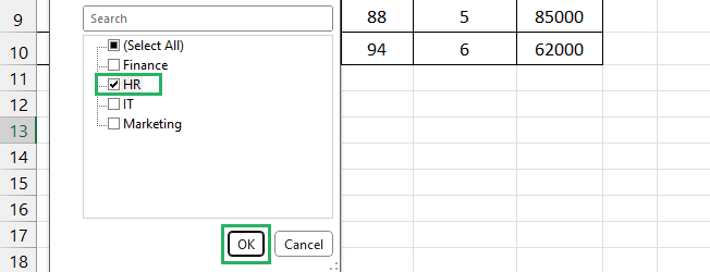 Select filter criteria for values