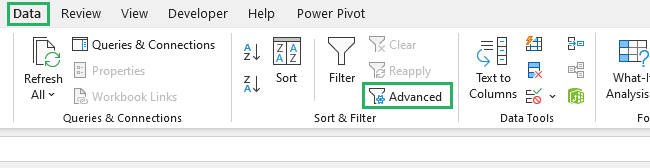 Select Advanced filter from the data tab