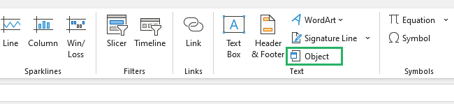 Object button from the Insert tab under Text section