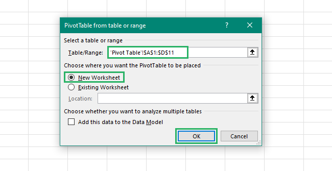 Pivot table on a new worksheet