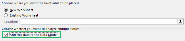 Pivot table creation dialog box
