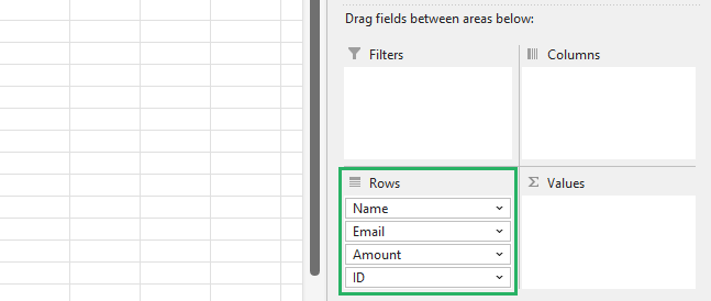 Column names from the pivot pane