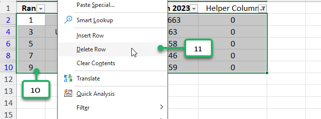 delete filtered rows