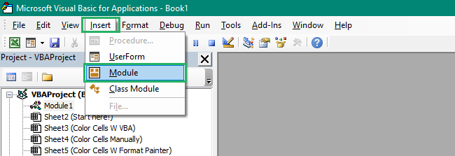 Select the module for VBA in the editor