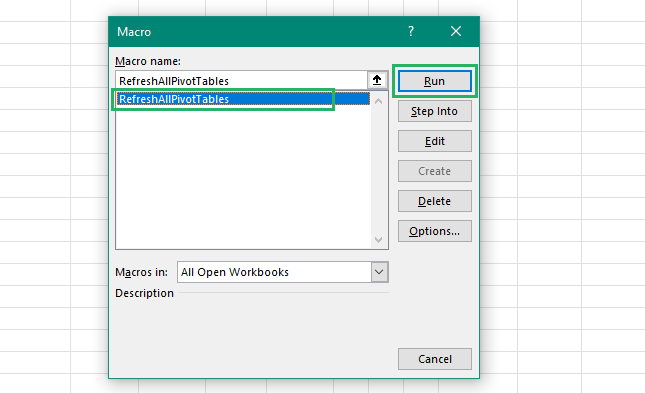 Selecting macro to run in pivot table tutorial