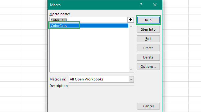 Select Colorcells macro and press run