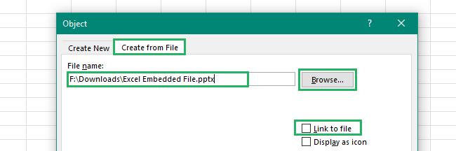 Selecting the Link to file option from the Object dialogue box