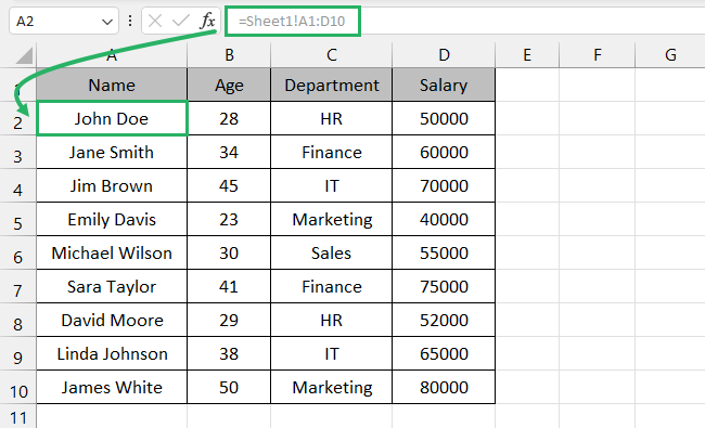 Referenced data set appears in the new sheet