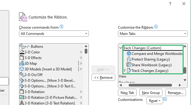 Excel Options to choose commands and enable the track changes feature