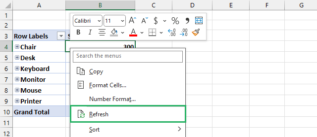 Selecting refresh from pivottable options