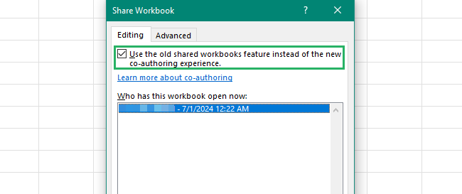 Checking options and granting access users to the workbook in excel