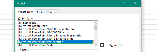 Select the object type to create from the dialogue box