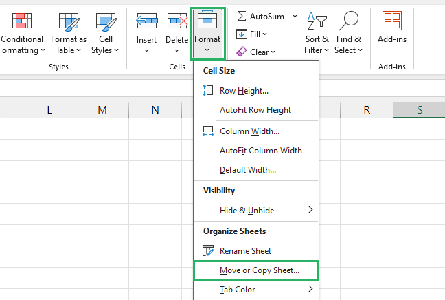 Select move or copy sheet from the format options