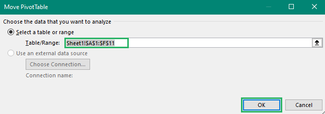 select a new range from the Excel data set