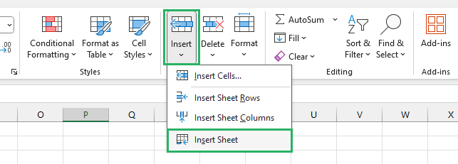 Select the Insert Sheet option from the dropdown