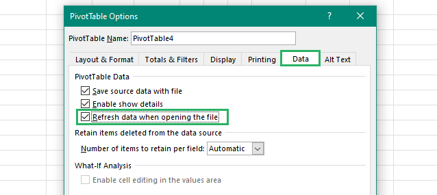 auto-refresh pivot table setting on Excel file