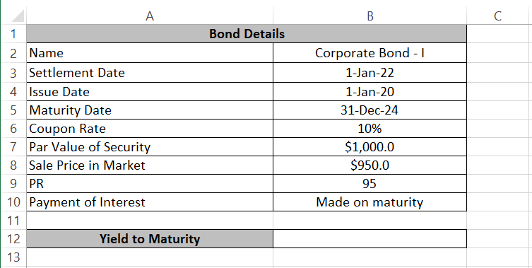1 Example of bond in Excel worksheet