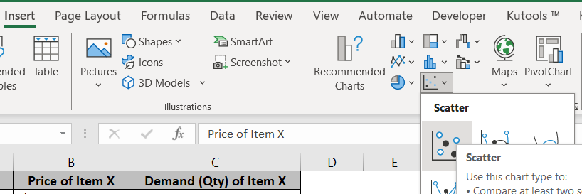 Scatter graph chart on Insert tab