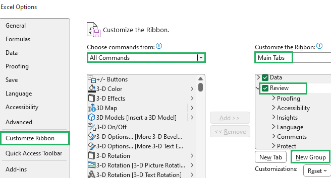 Select All commands from the choose commands box