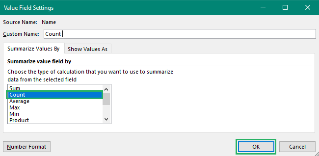 Select count from value field settings